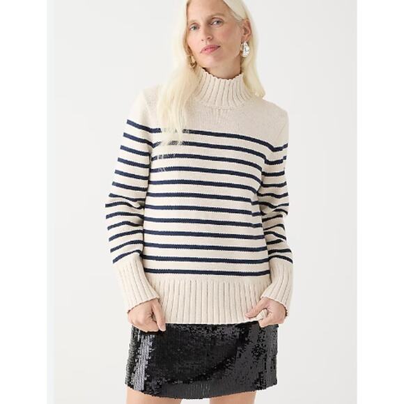 NWOT J. Crew Cotton turtleneck sweater in stripe navy cream Medium - Picture 1 of 5